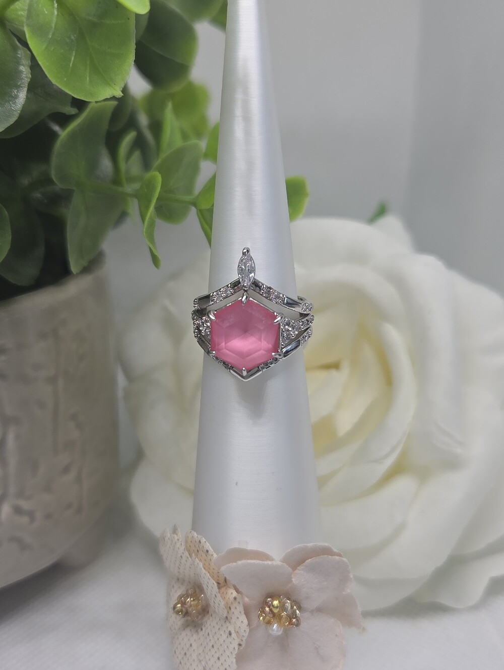 BP Dark Pink Sapphire Hexagon Halo Ring With Two Stacking Bands